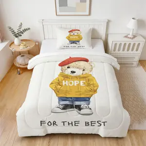 Retro Preppy Style Cute Teddy Bear Comforter Set, 1 Comforter with 1/2 Pillowcases, All-Season Bedding for Bedroom, Dorm & Guest Room, Decor for Teens & Boys, Fun Bedding