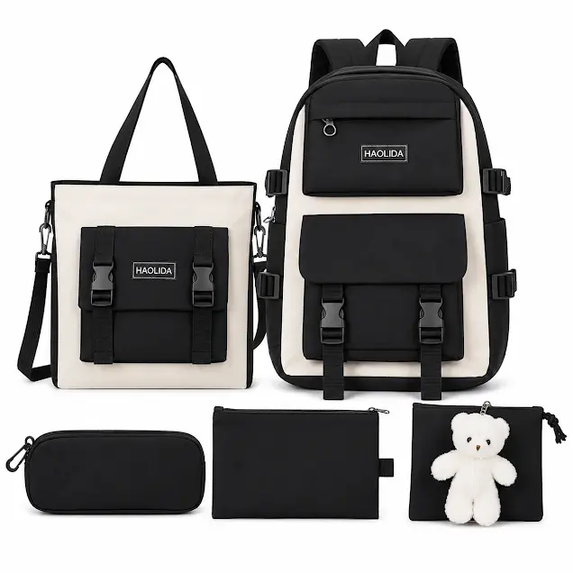 5 Piece Travel and  school Backpack set with tote bag, Case, Zipper pouch and mini pouch with accesories, water resistant Bookbag, Laptop backpack