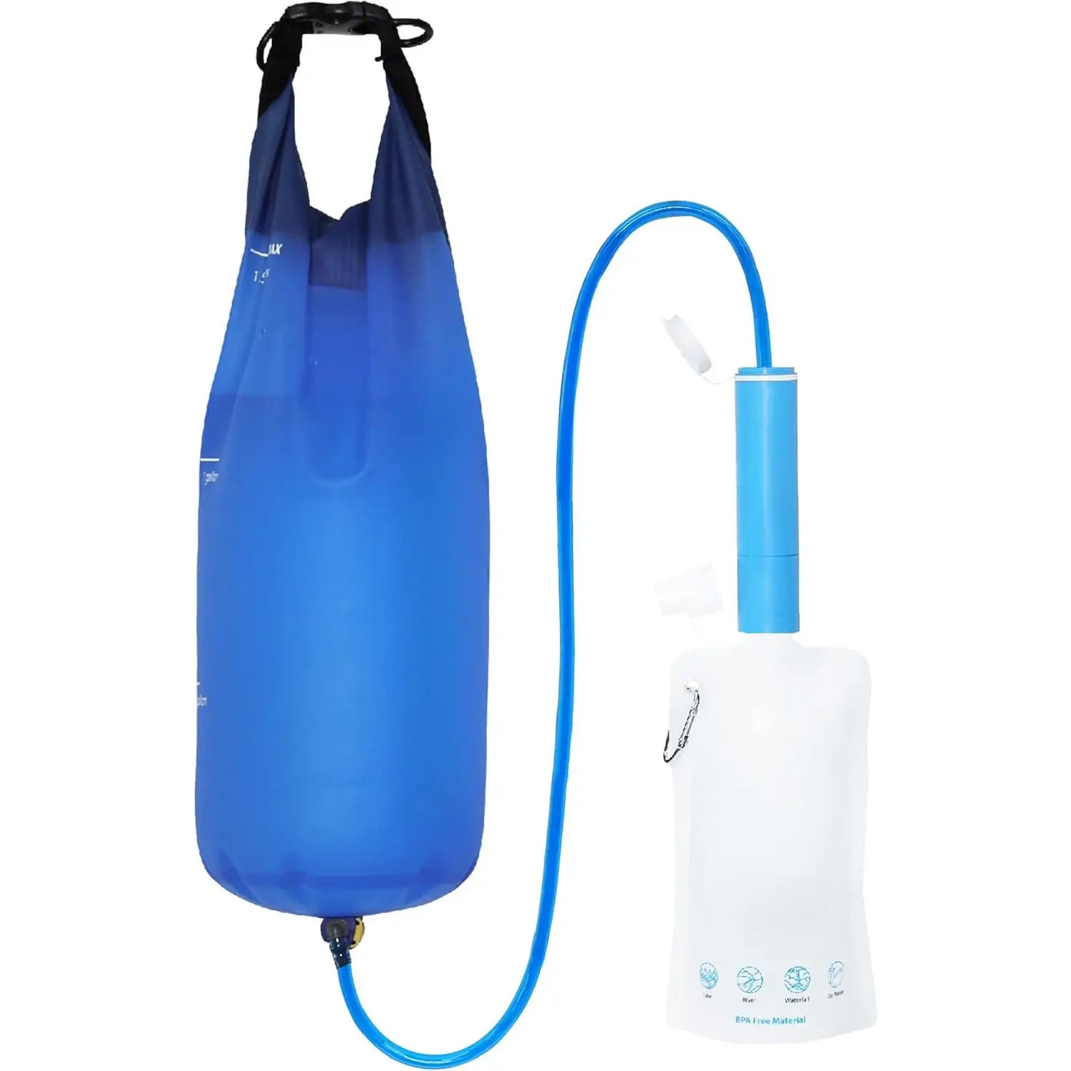 Gravity Water Filter Straw, Camping Water Filtration System, Water Purifier Survival for Travel, Backpacking and Emergency Preparedness, 1.5 gal Bag, 0.1 Micron, 5 Stage Filtration, Blue