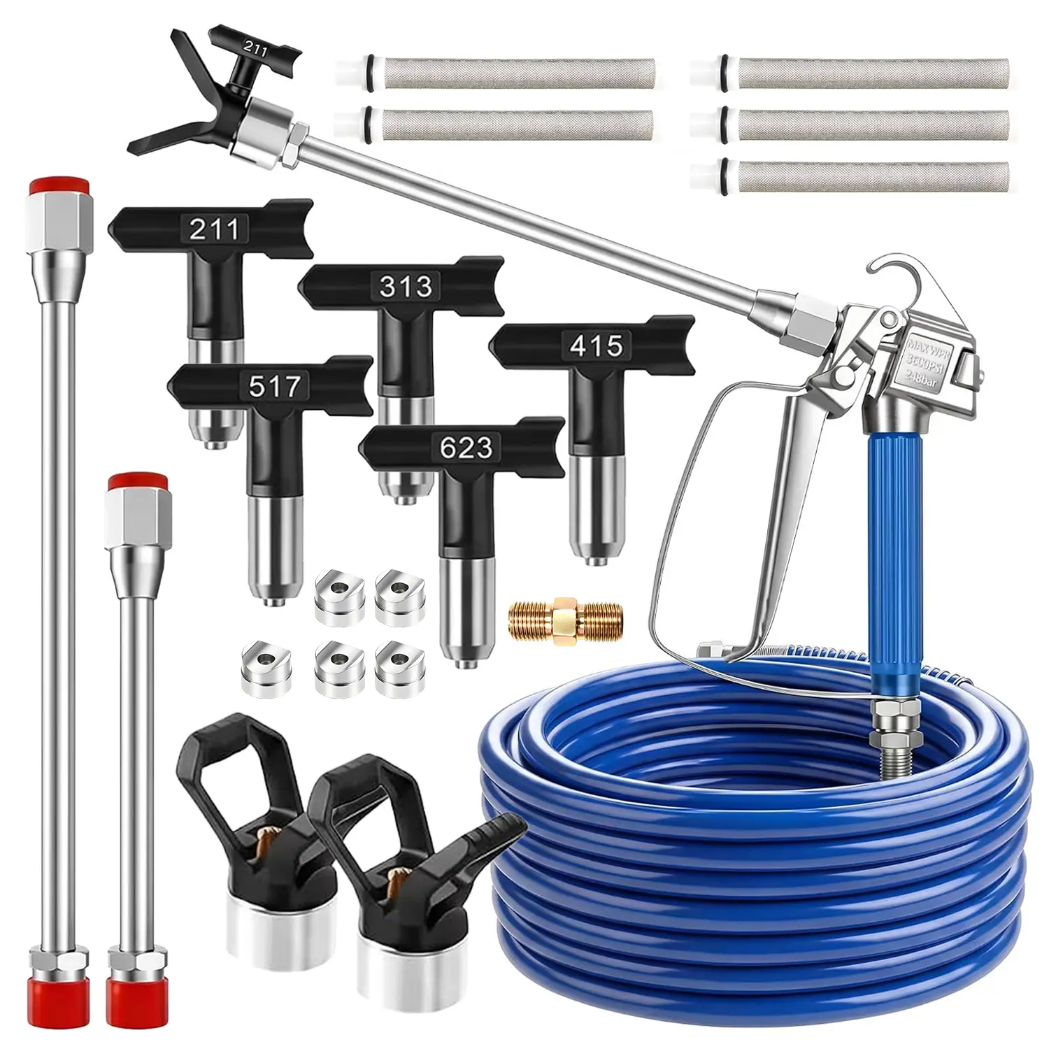 JVGBRB 17Pcs Metal Airless Paint Sprayer Gun Full Kit for DIY Hardware Accessories - 3600PSI Airless Gun, 32Ft High Pressure Hose, 5Pcs Reversible Tips, 2Pcs Extension Rod, 5Pcs Filters, 2Pcs Nozzle Seat, 1pcs 1/4-inch Double-ended Male Thread Nipple