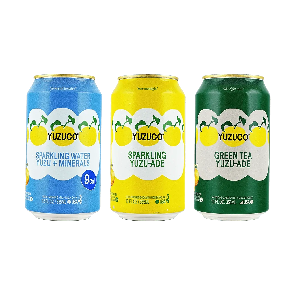 YUZUCO Japanese Yuzu Sparkling Drink Variety Pack - 3 Flavors: Sparkling Water, Green Tea, Original - 355ml Cans (3 Pack)