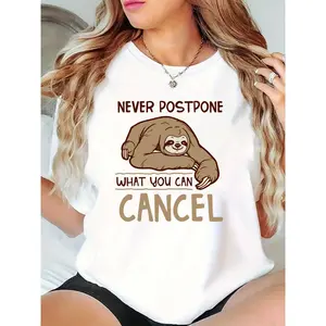 Women's Crew Neck Funny Sloth Graphic T-Shirt "Never Postpone What You Can Cancel" Casual Short Sleeve Tee, Trendy Animal Print Top for Daily, Lazy Day, Ladies 100% Cotton T-shirt