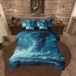 Horror Teal 7 Pcs Comforter Set,Dark Ocean Bed in a Bag with Flat Sheet and Fitted Sheet for Kids Teens Adult,Tornado Lightning Bedding Set