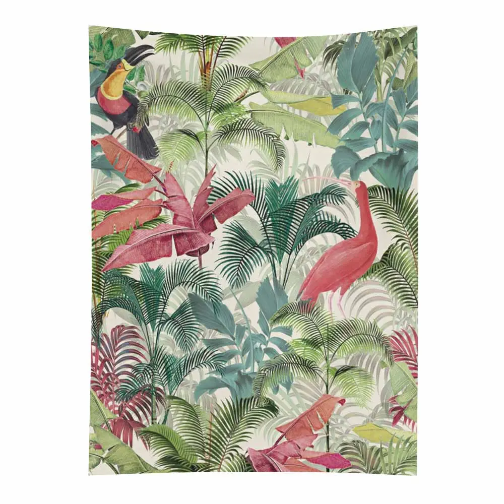 Retro Tropical Rainforest Toucan Red Bird Tapestry, Botanical Palm Leaf Polyester Wall Hanging Decor for Apartment Dorm, Custom Image Printing Option