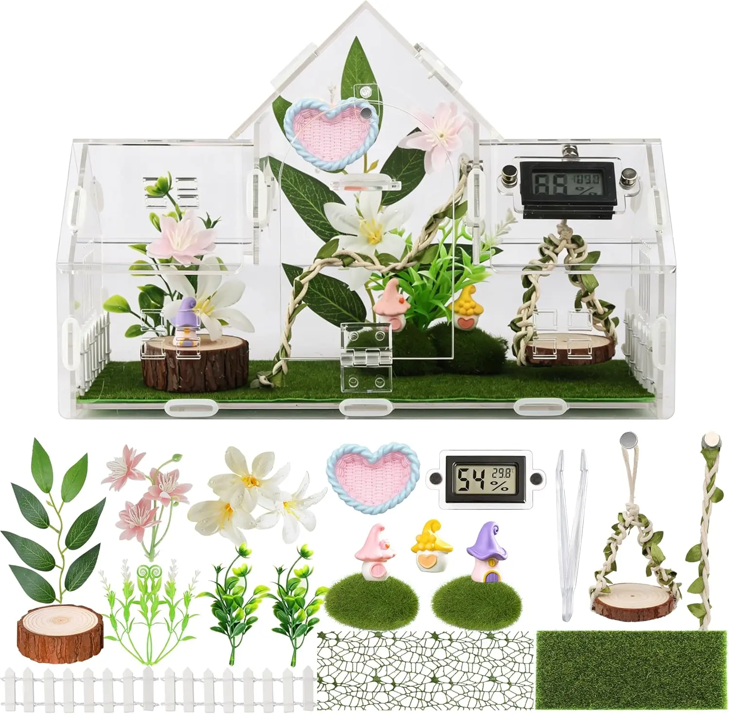 Acrylic Spider Enclosure Full Set, Tarantula Terrarium with Complete Accessories & Decor, Small Habitat for Praying Mantis & Insects, Complete Small Habitat