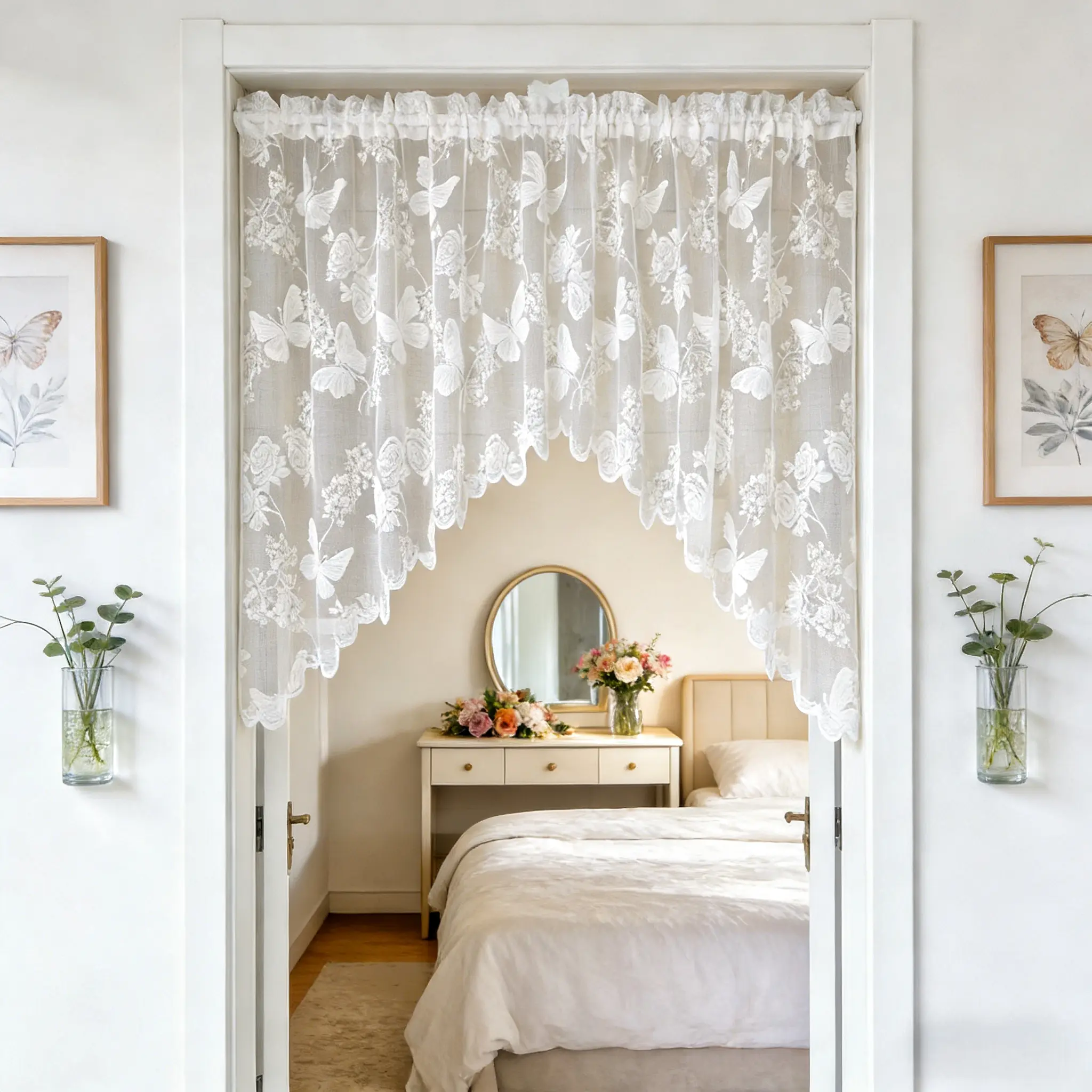 Floral Embroidered Lace Sheer Curtain Valance - Home Decoration Curtain, Rod Pocket Top Swag Tier for Kitchen & Bathroom Window, Pink 1 Panel (W59 x L35 in), Home Textile