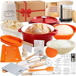-Inclusive Sourdough Starter Kit with Enameled Cast Iron Dutch Oven & Scale -  Bread Making Tools with 4 Banneton Proofing Baskets, Beginner Guide, Sling, 34oz Starter Jar,  Baking Gifts