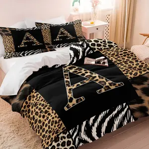 2/3Pcs Leopard Letter A-Z Duvet Cover Set, Wild Animal Zebra Cheetah Black Brown Grid Printed Bedding Set with Pillowcases, No Filler, Soft Microfiber for Adults Bedroom Dorm Decor, Great Gift for Safari Lovers