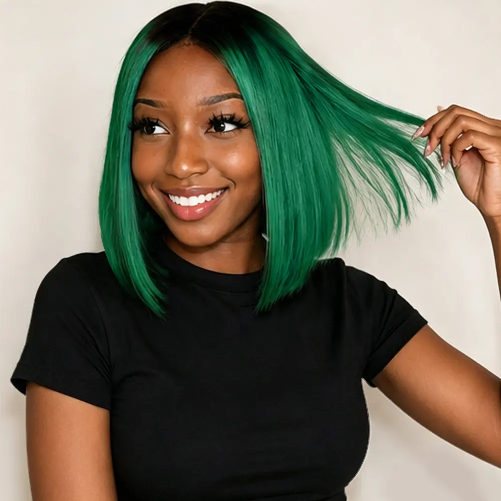 GCTDC 12 Inch 13x4 Straight Bob Lace Front Wig Nature/Green Colored Human Hair Wigs 180% Density Pre Plucked Hairline For Women