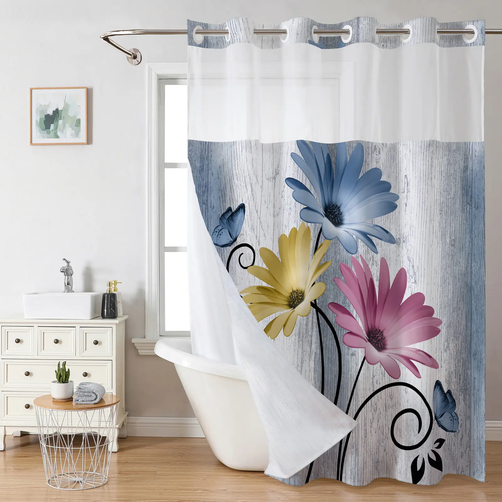 Colorful Floral Pattern Hookless Shower Curtain, Multi-Color No-Hook Design, Easy to Install, Waterproof & Washable, Perfect for Bathroom or Modern Home Decor, 72×75 in
