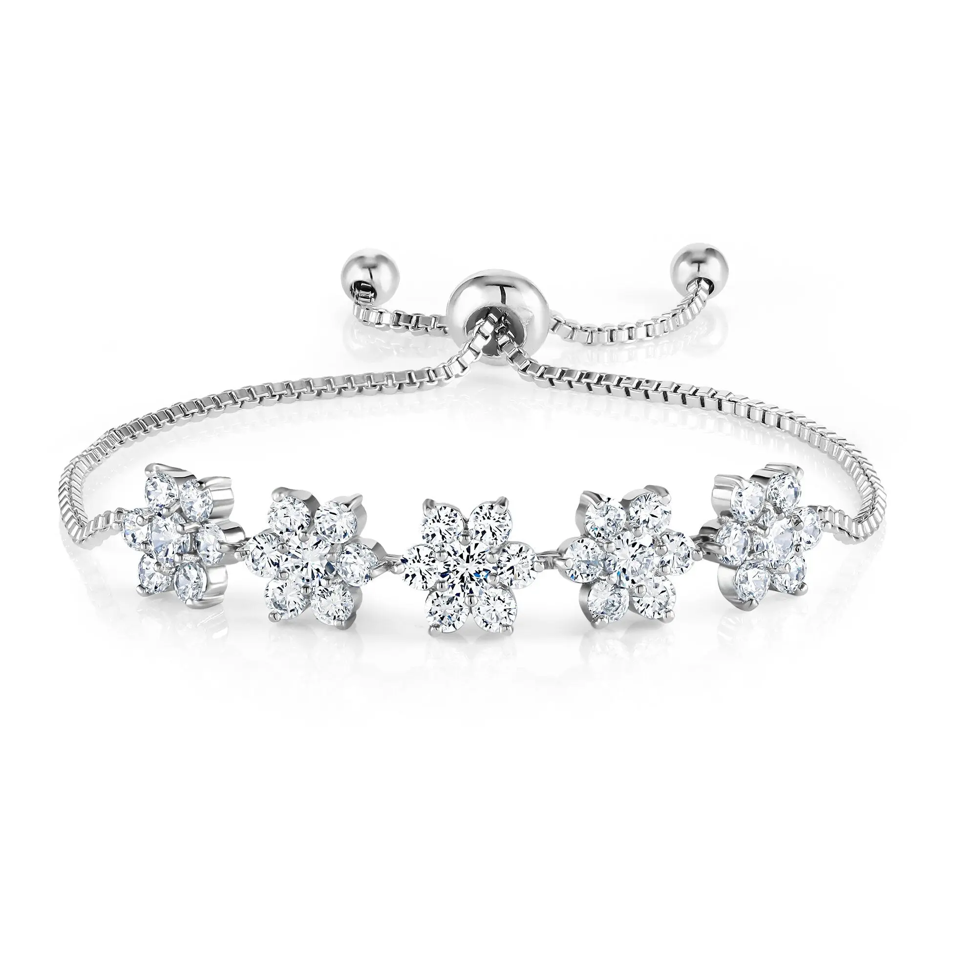 Round CZ Rhodium Plated Star Slider Bracelet, Adjustable Cz Bracelet, Star Shape Bracelet, Cz Bracelet