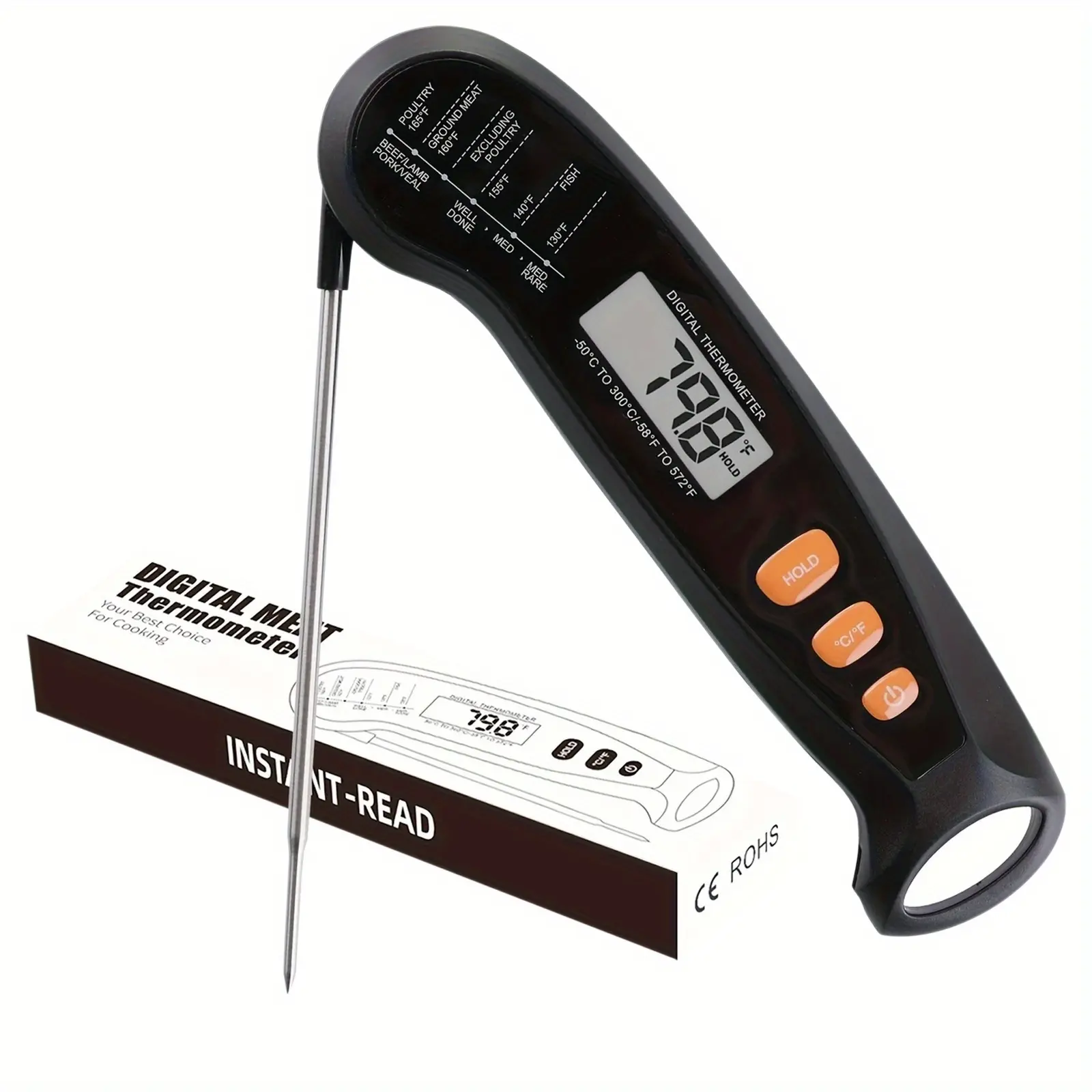 Black Instant Read Digital Meat Thermometer with Metal Probe - Fast-reading BBQ Kitchen Tool, °C/°F Scale, Digital Display, Food-safe, Durable Ergonomic Design, Battery Included, Ideal for Home Cooks, summerwins
