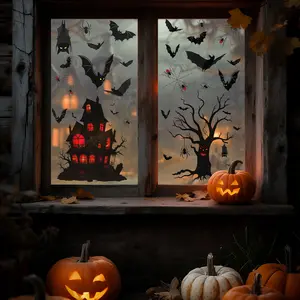 Halloween Window Cling Decorations, Removable Bat Pattern Privacy Film, Static Cling Glass Stickers for Doors & Windows
