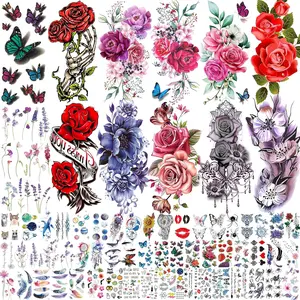 66 Sheets Peony Rose Flower Temporary Tattoos For Women Adults Thigh, 3D Lavender Butterfly Fake Tattoos Girls Arm Sleeve, Realistic Watercolor Floral Temp Tattoo Sticker Finger Tatoos Neck