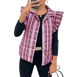 Women's Pink Plaid Puffer Vest with Ruffle Sleeves & Front Pockets Fitted Casual Quilted Gilets for Fall Winter Everyday Wear