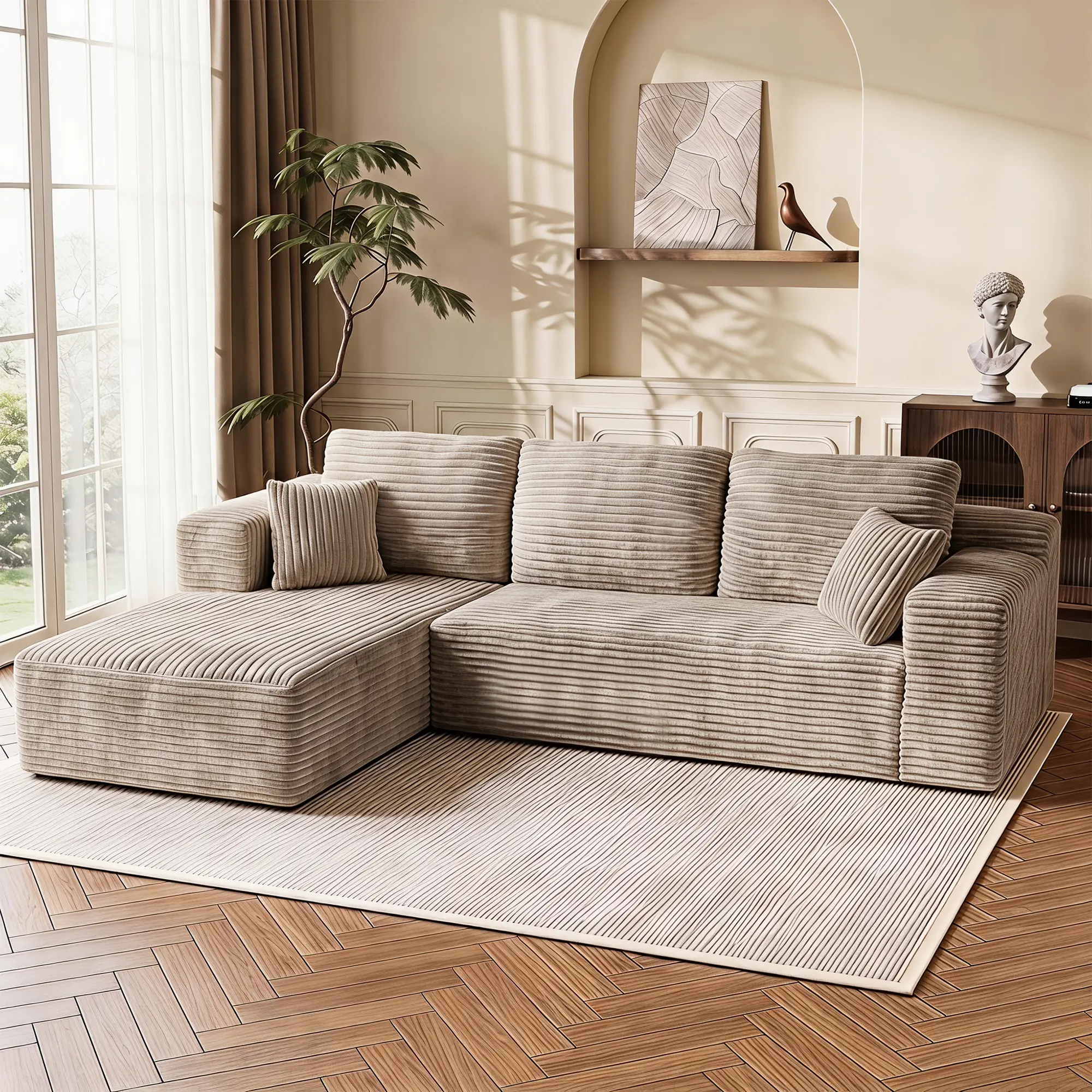 106 Inch Modular L-Shaped Corduroy Sectional Sofa with Chaise Lounge, Moderate Deep Seat Couch, No Assembly Required, Suitable for Small Apartments and Living Rooms, Beige
