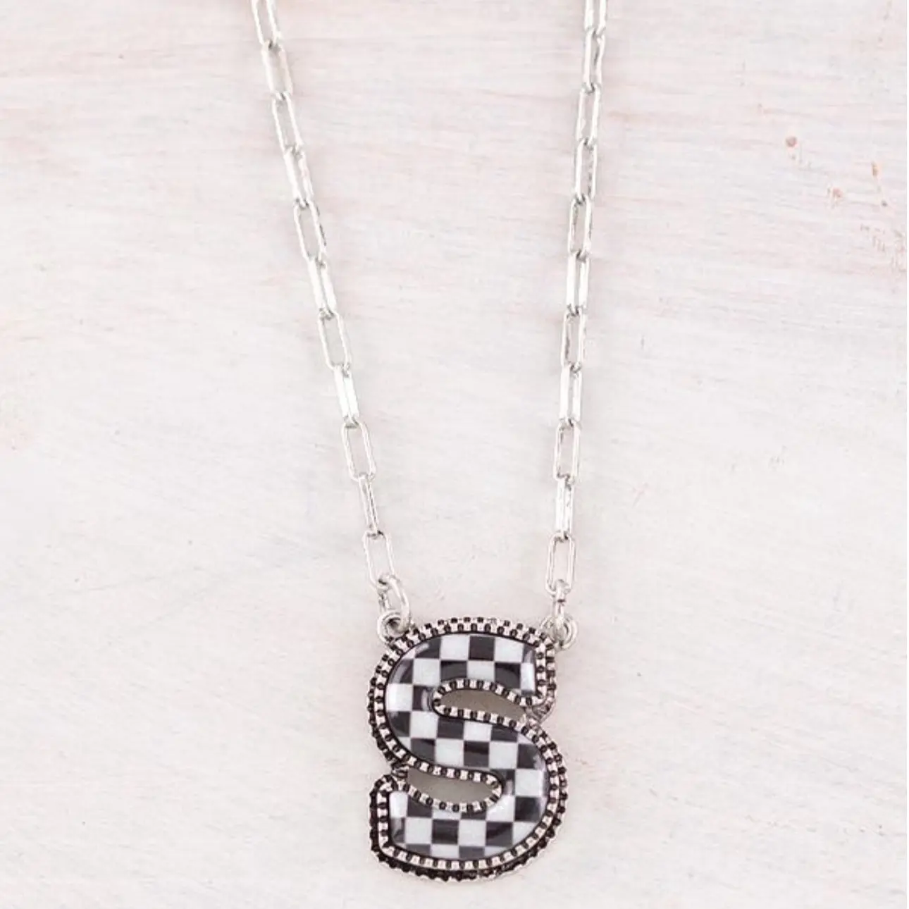 Checkered Initial Pendant Necklace with Lobster Claw Closure - 18 Inches Adjustable Safe