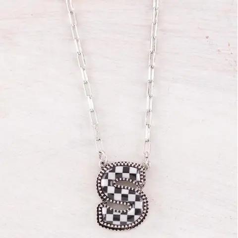 Checkered Initial Pendant Necklace with Lobster Claw Closure - 18 Inches Adjustable Safe