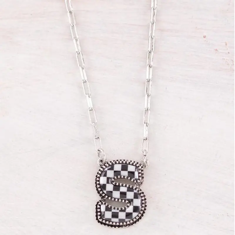 Checkered Initial Pendant Necklace with Lobster Claw Closure - 18 Inches Adjustable Safe