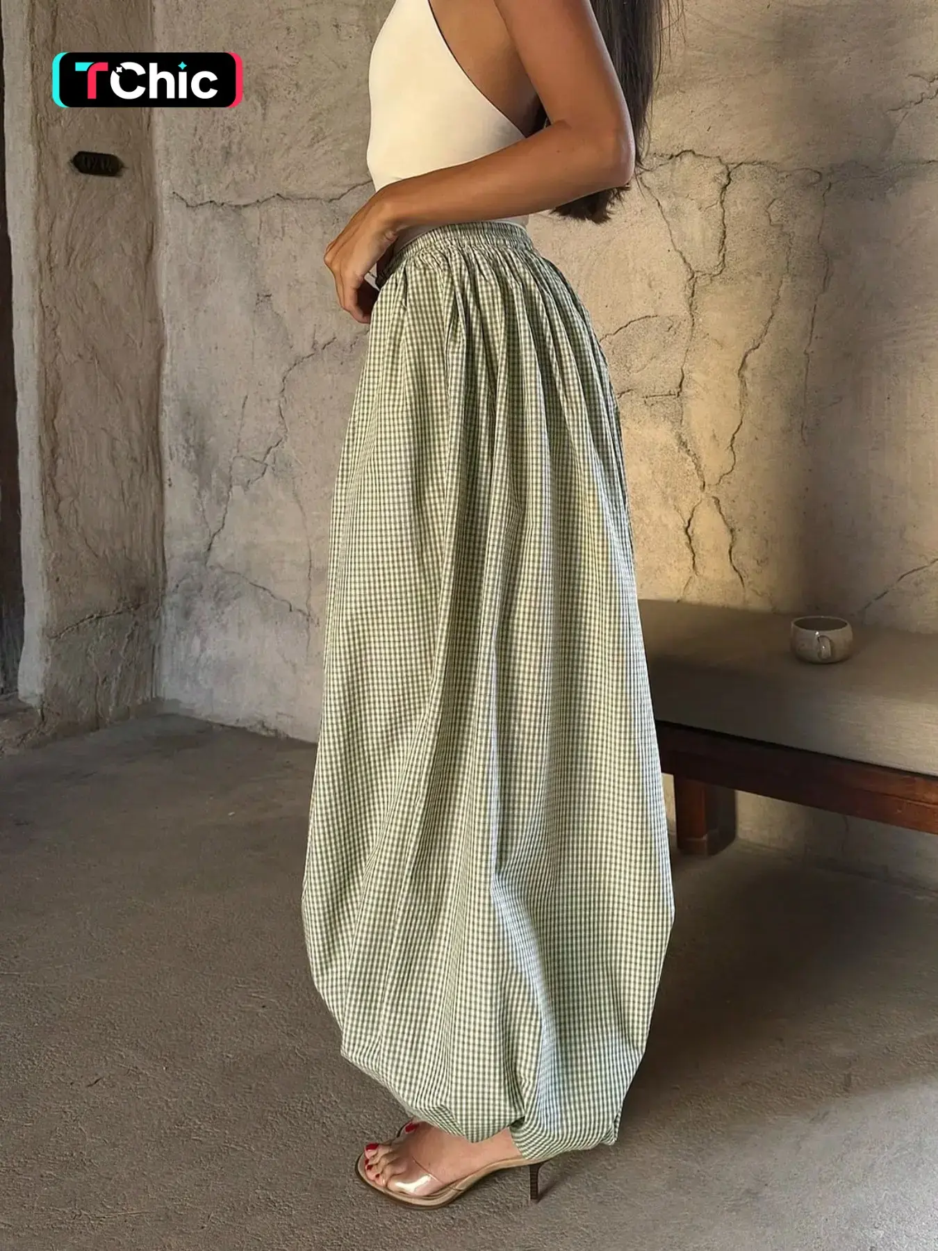 Women's Green Gingham High Waisted Wide Leg Balloon Pants, Drawstring Elastic Waist Pants, Casual Loose-Fit Bohemian Checkered Trousers for Summer, Everyday Wear
