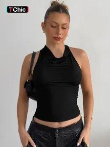 Women's Solid Color Cowl Neck Halter Lace-up Sleeveless Cami Top, Sexy Backless Plain Adjustable Straps Tank Top, Party Club Date Holiday Camisole Shirt, Ladies Summer All Seasons Daily Casual Basic Crop Tops Clothes Wear