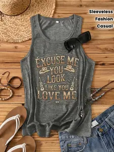 Women's Milk Silk Fabric Comfortable Soft Casual Slim Sleeveless Top, Casual Round Neck Letter Print Summer Vest, Fashion Trendy Clubwear