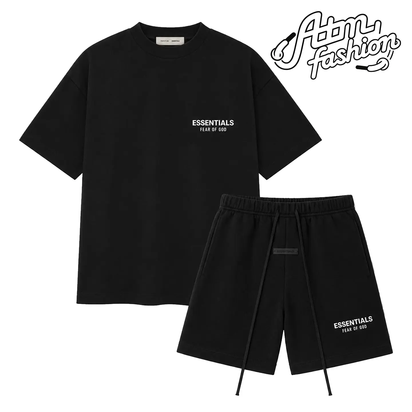 (Tee and Shorts) Fear of God Essentials T-shirt & Shorts Set Stretch Jet Black OVER SIZE Casual Wear Comfortable Fit Simple Design Versatile Everyday Wear Menswear Tops Crewneck ShortSleeve Light