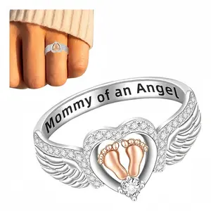 Mommy Of An Angel Ring - Angel Wing Ring for Women Mom Heart Mommy of An Angel Rings Footprint Bands Memorial Mothers Day Gifts