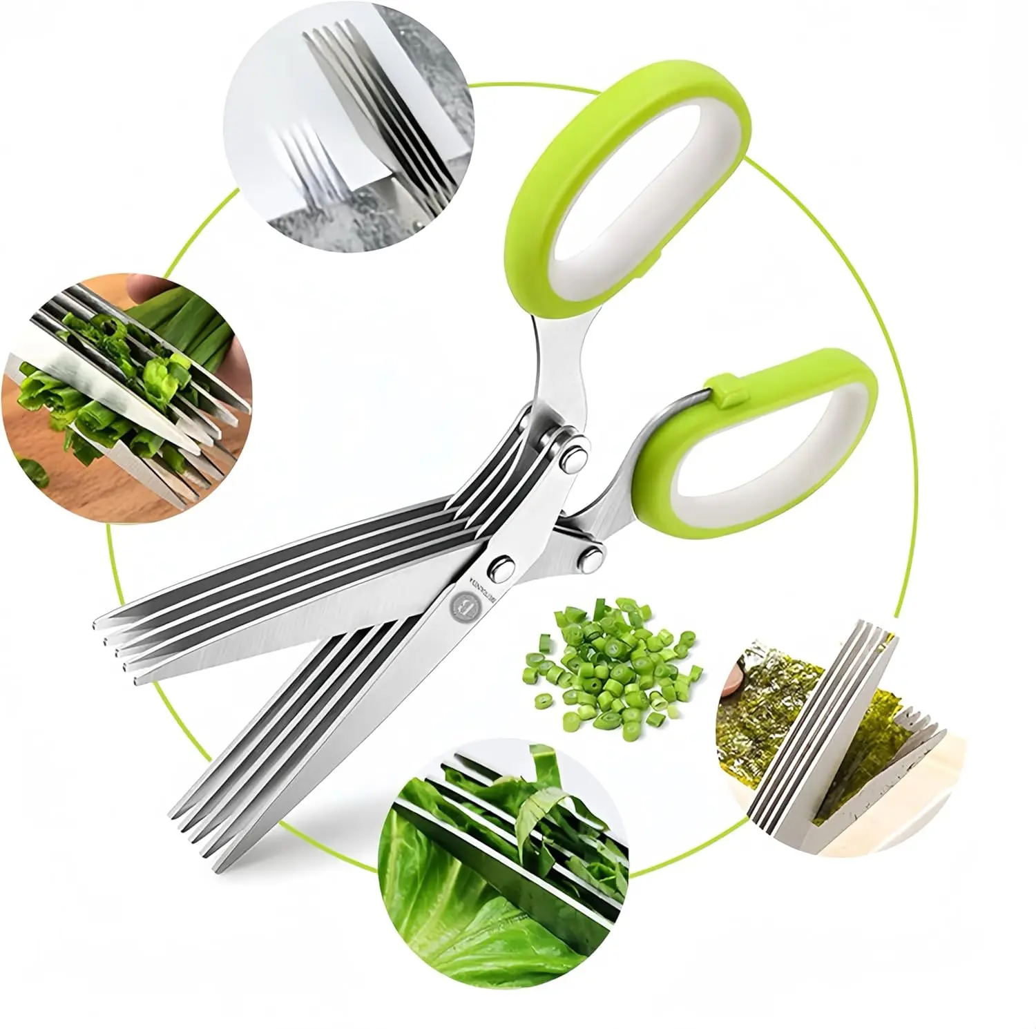 Herb Scissors, Kitchen Shears with 5 Stainless Steel Blades & Handles, Multipurpose Cutting, Dishwasher Safe, for Herbs & Paper, Green