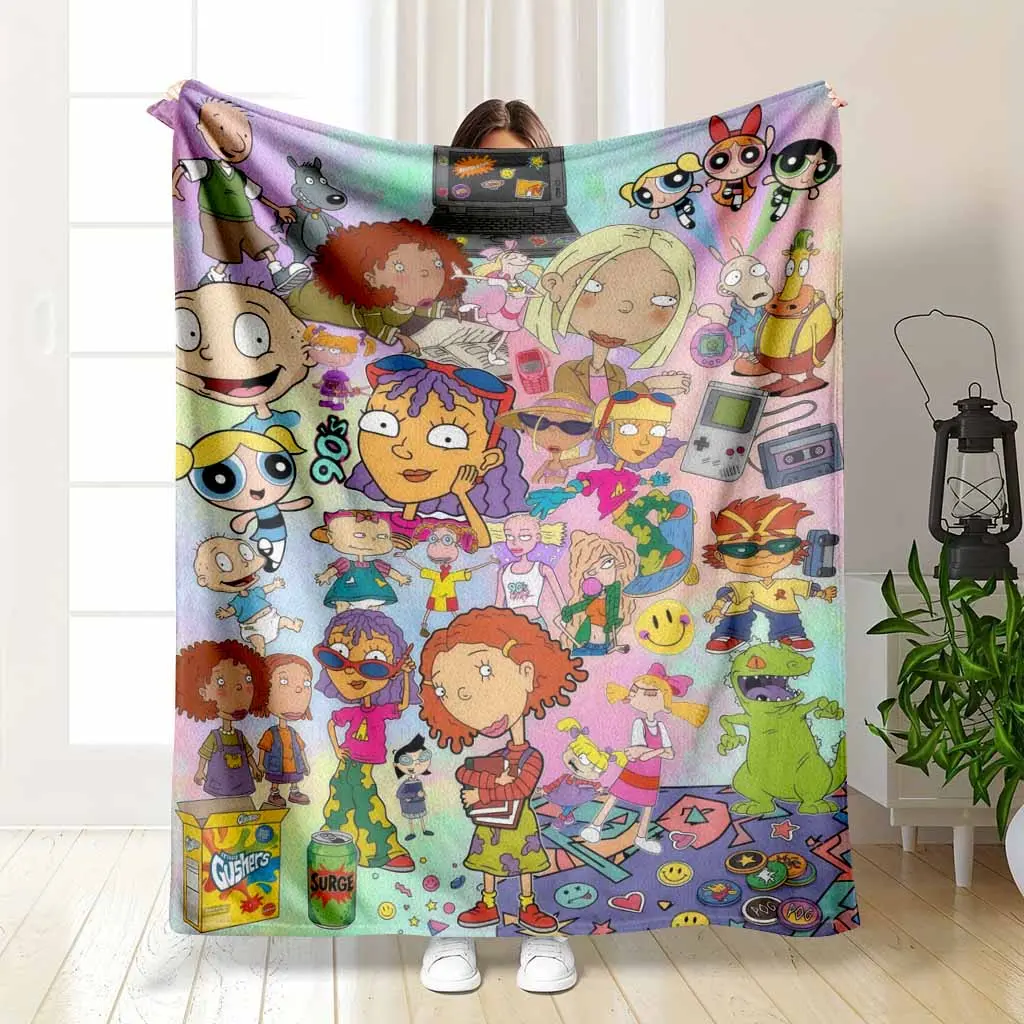 Nostalgic 90s Cartoon Flannel Blanket Vibrant Retro TV Character Print Super Soft Lightweight Cozy Plush Throw Perfect For Bedroom Sofa Couch Camping Travel Movie Night Birthday Gift Decor, Character Graphic Blankets, Flannel Blankets