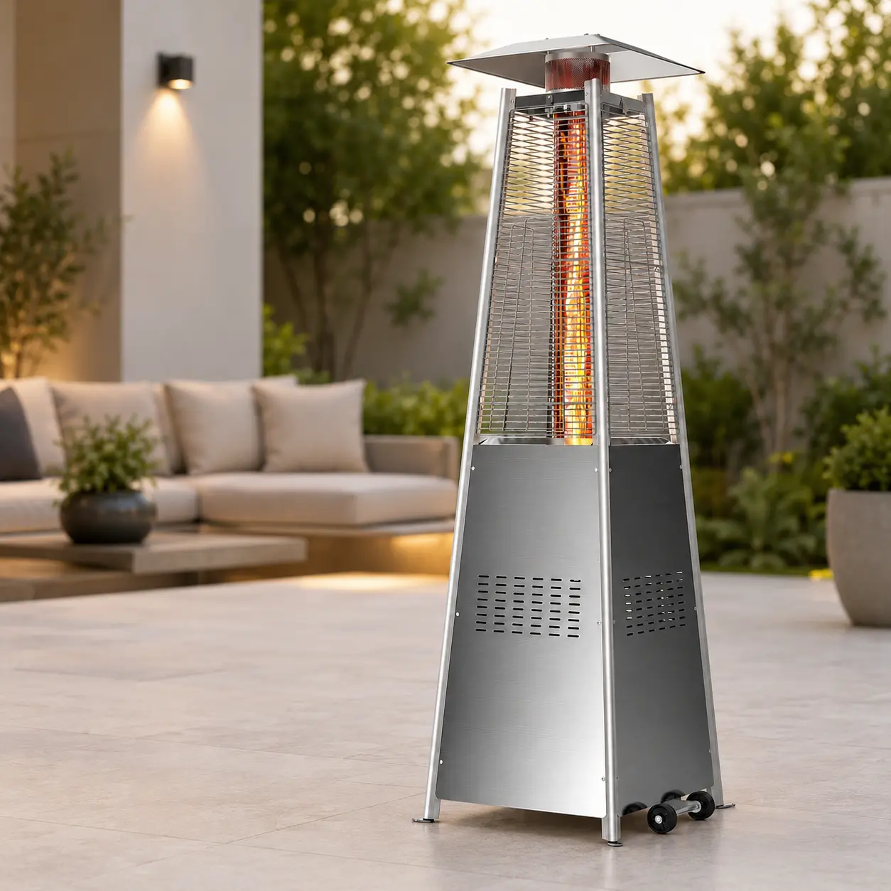 Pyramid Patio Heater, 48,000 BTU Outdoor Propane Heater with Wheels, One-Touch Ignition, LED Flame Feature, Glass Tube, Portable Standing Heater for Patio, Deck, Garden, Backyard & Outdoor Dining