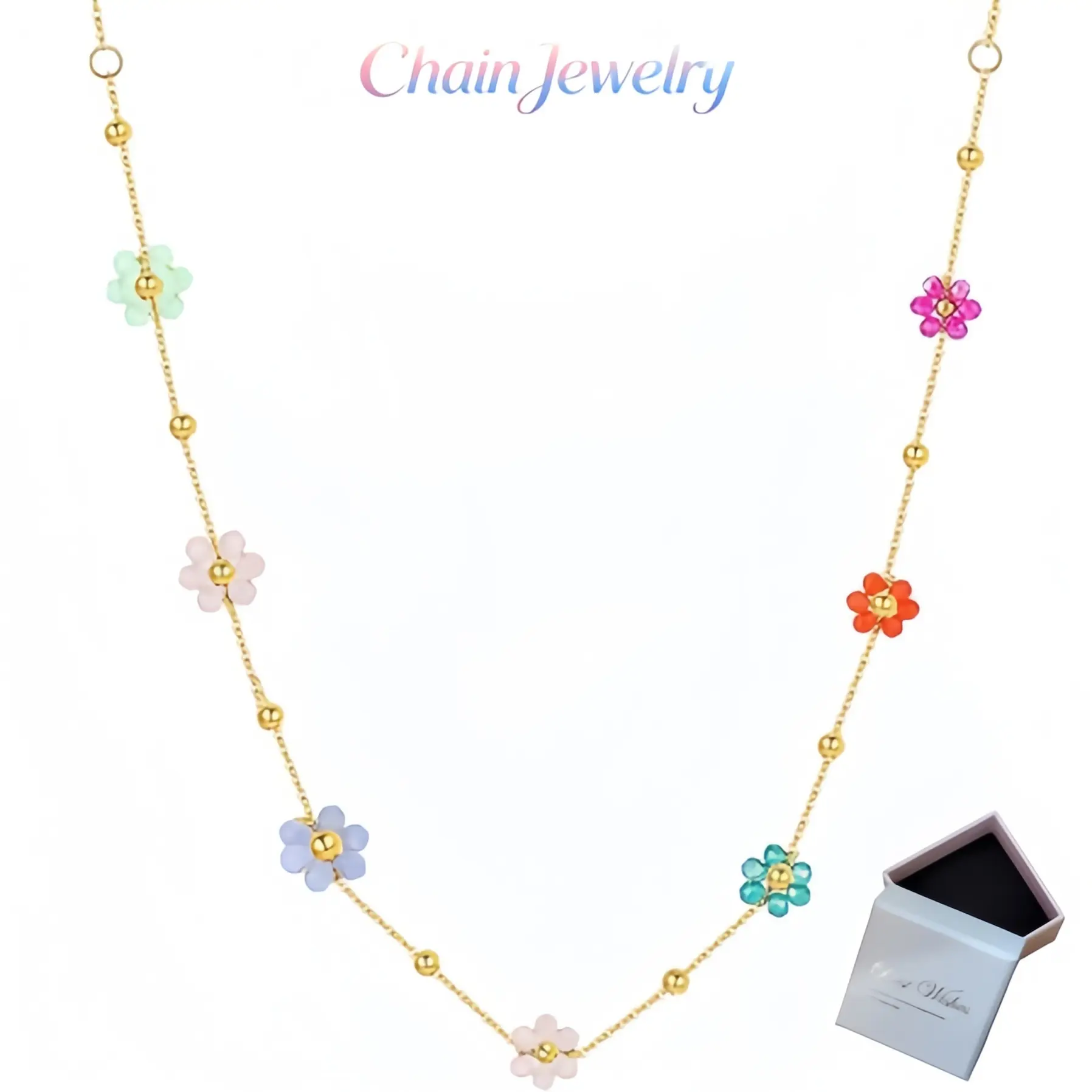 Women's Colorful Flower Beaded Titanium Steel Chain Necklace - Cute Dainty Gold Choker, Beaded Chains, Colorful Necklaces, Gold Aesthetic Summer Fashion Costume Jewelry