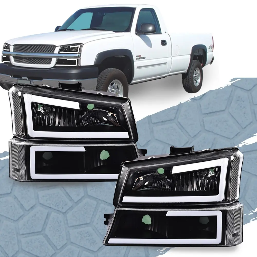CROSSDESIGN  LED Headlights+Bumper Lamps, Fit For 03-07 Silverado/Avalanche, DRL Clear/Black