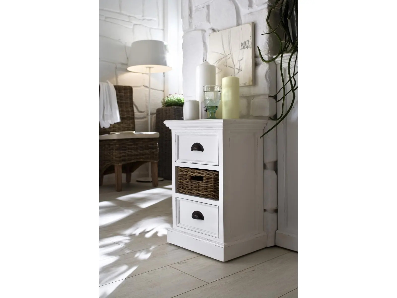 Nova Solo CA585 Mahogany Wood Halifax Mini Bedside Table - White Semi-Gloss Paint with Sealant, Rattan Basket, 15.8x23.5x11.8 in. Indoor Storage Unit That Combines Looks and Purpose, In Lieu Of Drawer