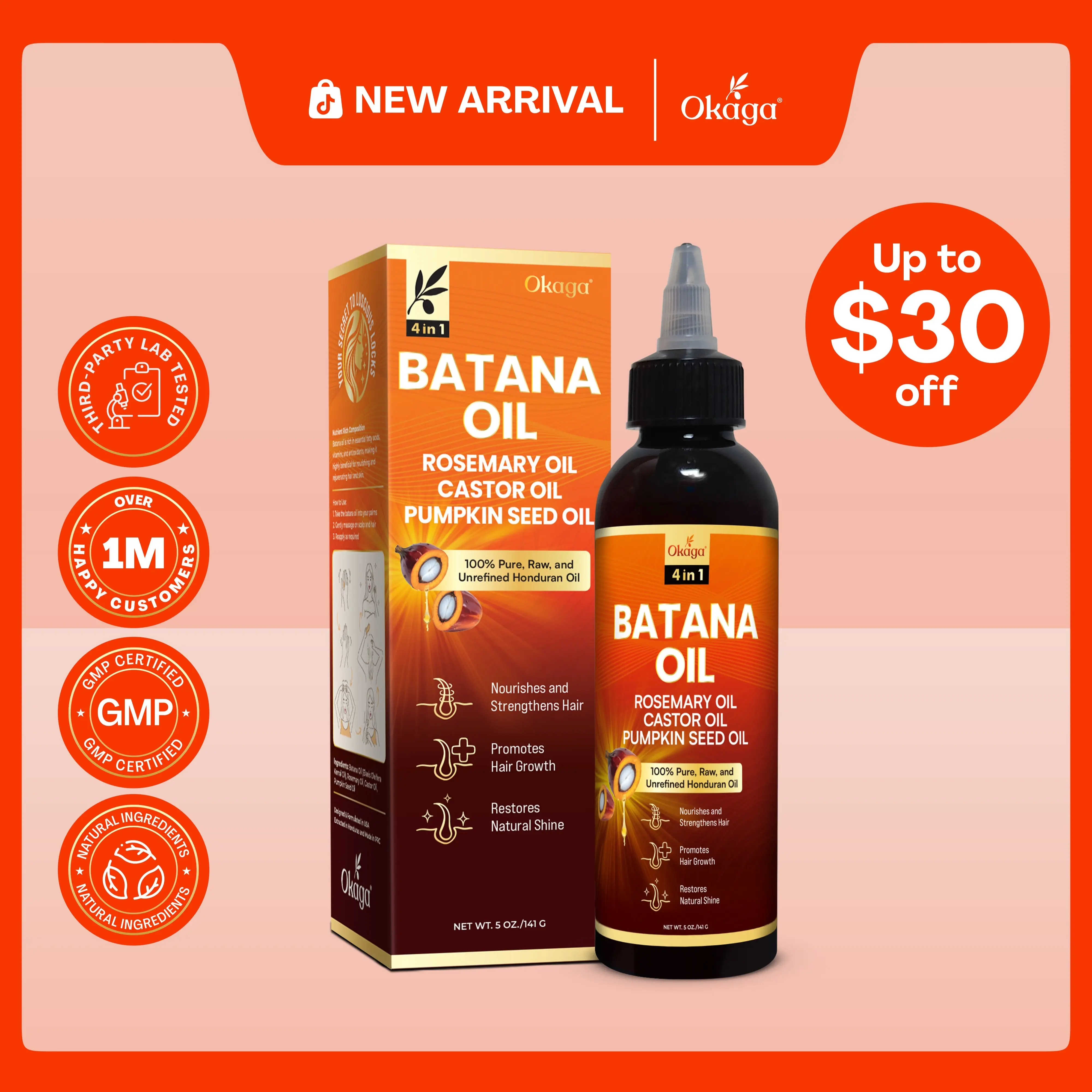 Okaga 4 in 1 Liquid Batana Oil - with Rosemary, Castor, & Pumpkin Seed Oil - Hair Growth Support & Scalp Health - (5 oz)