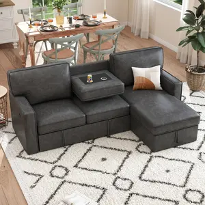 EBELLO 3 in 1 Convertible Sofa Bed, Modern Faux Leather L Shaped Sofas for Living Room, Pull Out Modular Couch Bed with Storage Space, USB Ports and Cup Holders Upholstered Sectional cloud couch