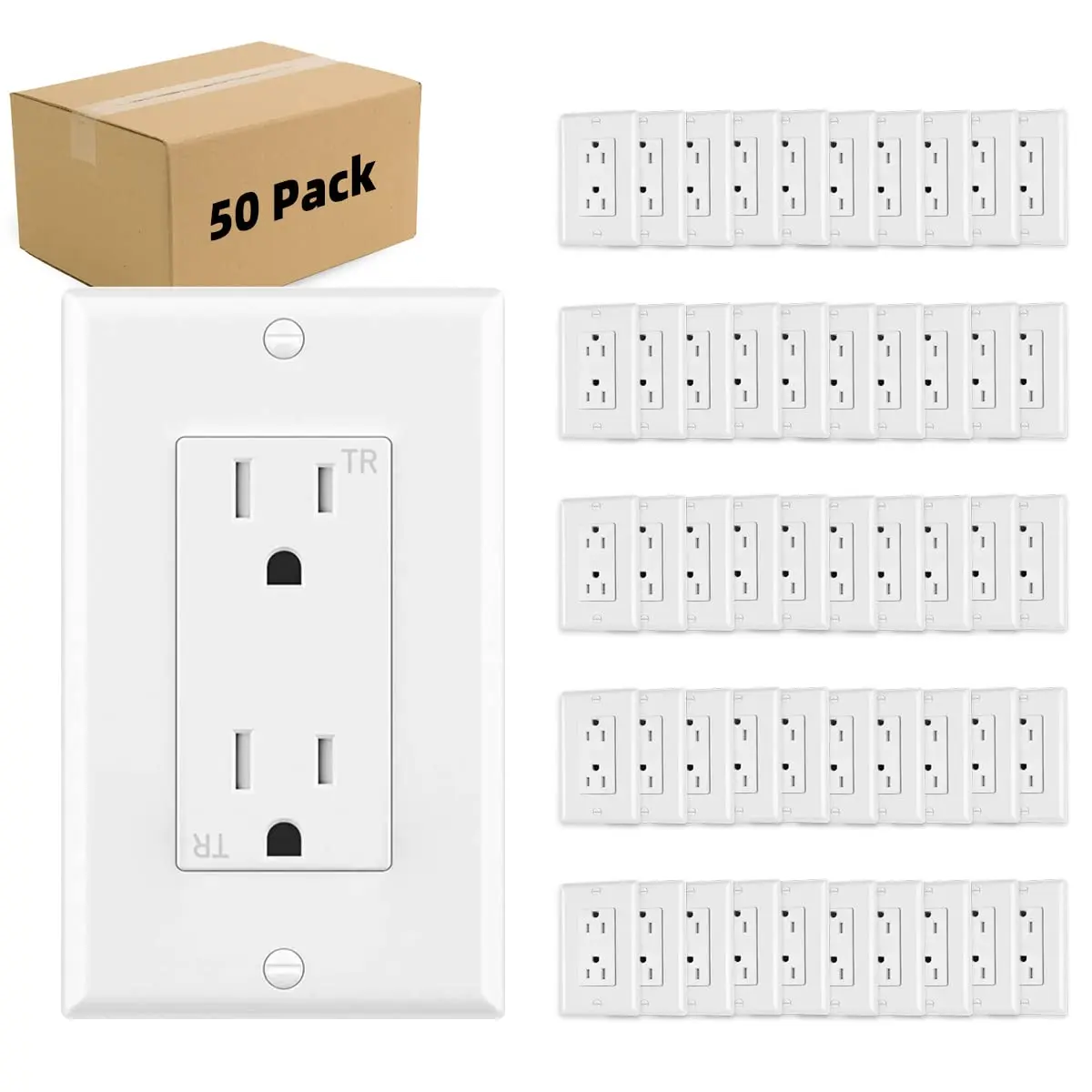Outlet Socket, Decorator Receptacle, 15 Amp, 125 Volt, Tamper Resistant, TR Grounding with Wall Plates UL Listed White 50pack (15A)