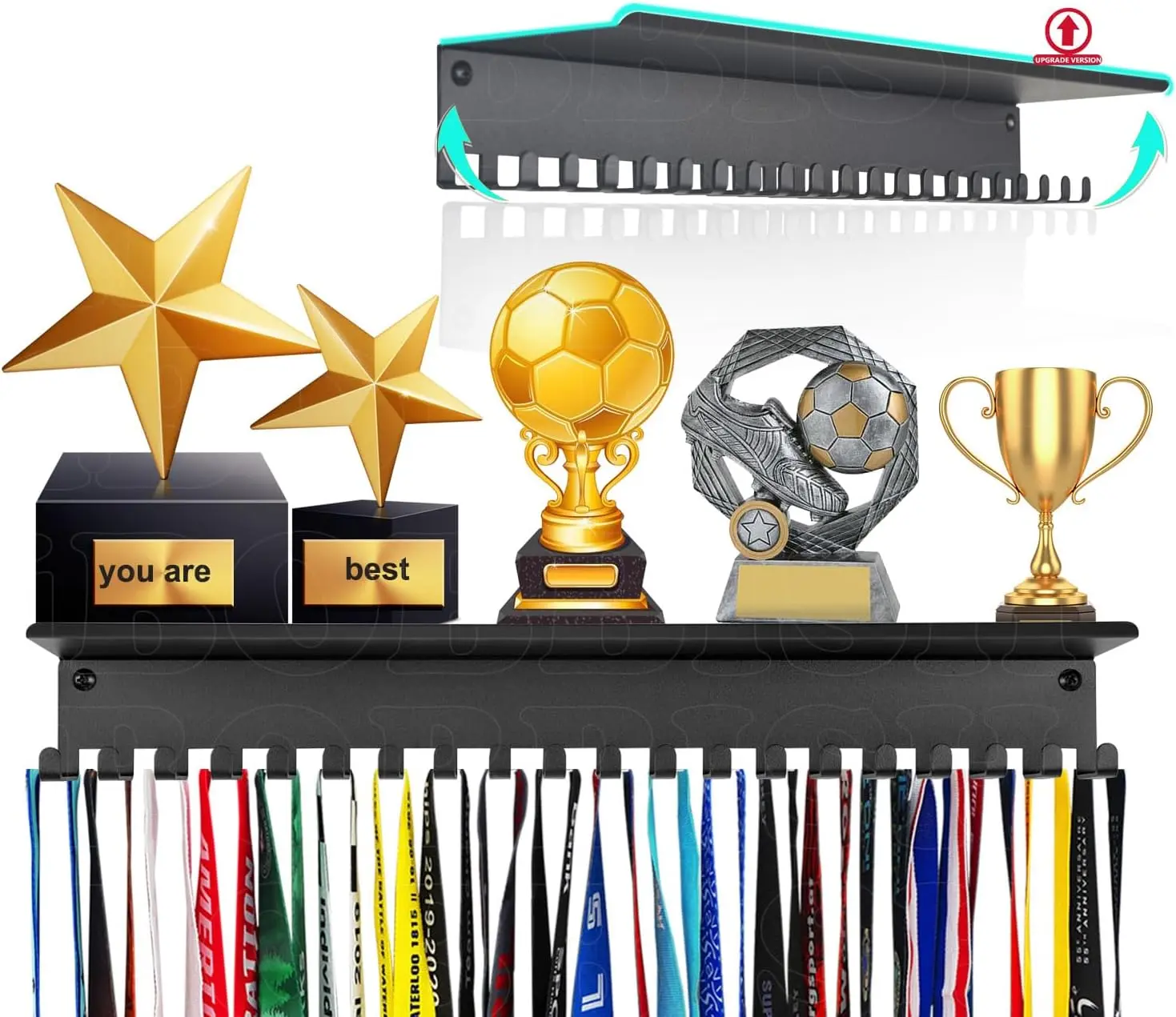 Metal Medal Hanger Organiser - Heavy-Duty Wall-Mount Hangable Athletic Award Shelf with 20 Hooks, Non-Slip, Non-Bent, Holds 22-33lbs, for Gymnastics, Race, Installation Racks Compatibility