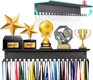 Metal Medal Hanger Display,Non-Slip Trophy Shelf with 20 Hooks,Wall Mount,Heavy Duty,Non-Bent,Holds 22-33lbs,for Gymnastics,Race,Soccer,Swim