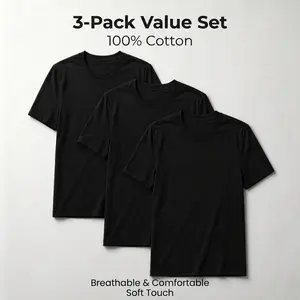 [3-Pack] Men's Premium 100% Cotton Black T-Shirt, 180g Heavyweight Plain Crew Neck Tee, Minimalist Casual Everyday Essential Undershirt for Men & Women (Unisex)
