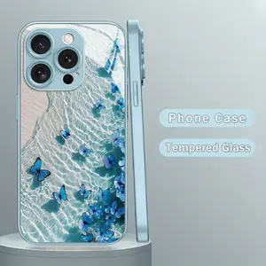 Ocean and Butterfly Pattern Tempered Glass Phone Case, Suitable for iPhone 16/16Pro/16Promax/16Plus, 15/15Plus/15Pro/15Promax, 14/14Plus/14Pro/14Promax, 13/13Pro/13Promax, 12/12Pro/12Promax, 11/11Pro/11Promax, Xr/Xs/Xsmax, Beautiful and Visually Stunning