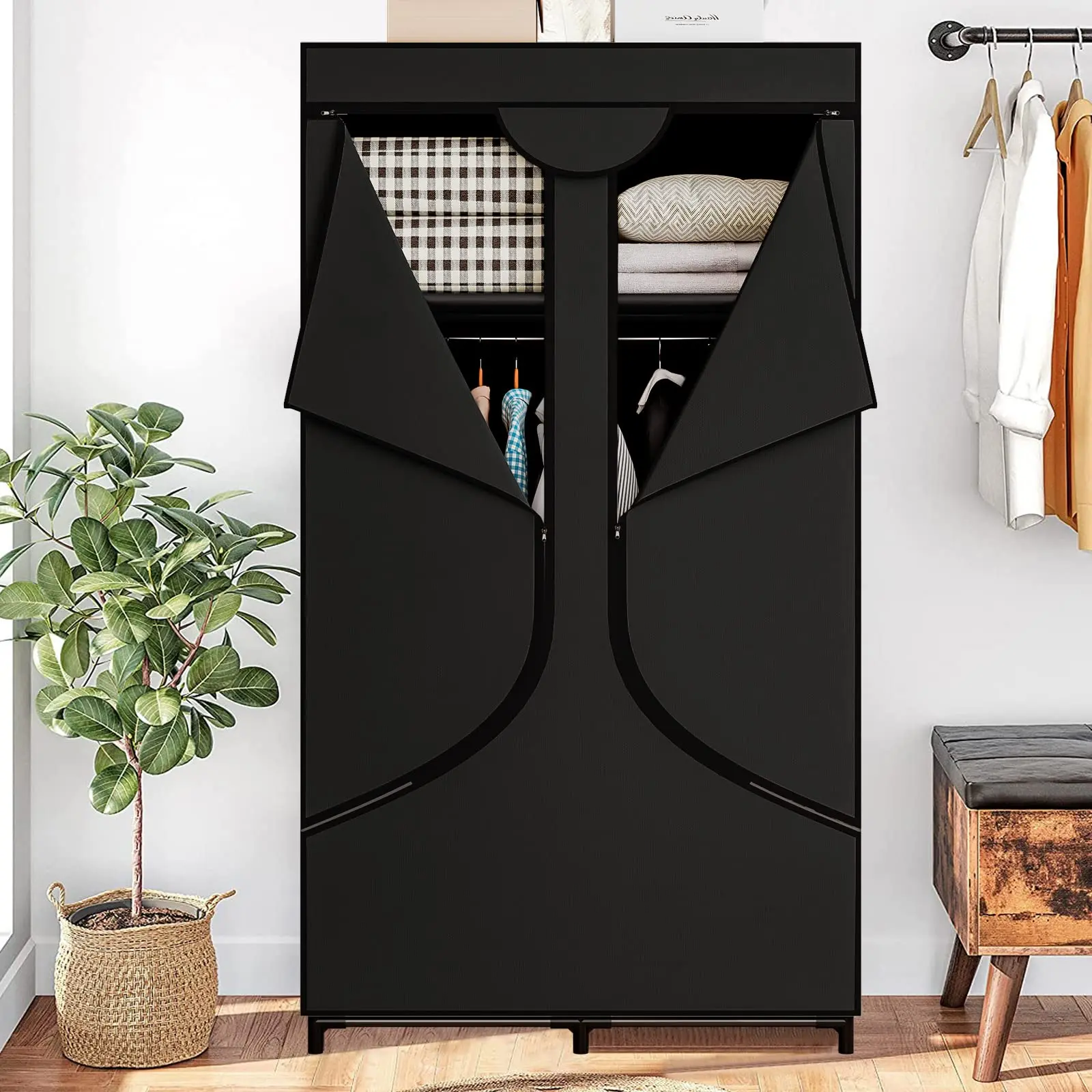 Portable Wardrobe Closet Clothes Rack Organizer for Hanging Clothing Freestanding Adjustable Storage for Bedroom Sturdy Large Capacity Non Woven Fabric