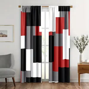 2 Pieces Modern Geometric Plaid Curtains - Red, White, Gray, Black Color Block Design, Rod Pocket Curtains for Living Room and Bedroom Decoration, Semi-Transparent Polyester Fabric, Machine Washable