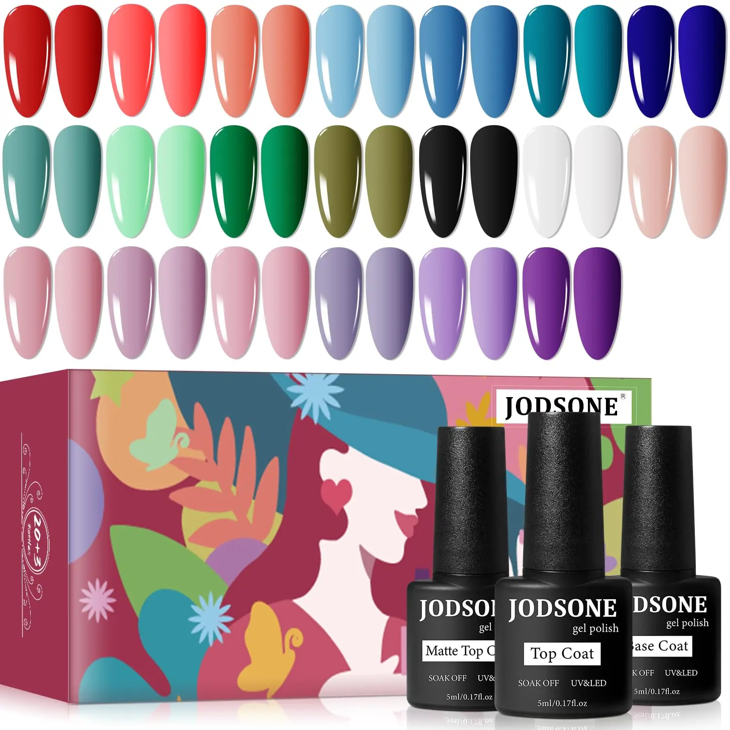 JODSONE 23-Piece Gel Nail Polish Set, Long-Lasting 21-Day Wear Manicure Kit with 20 Colors, Base, Matte & Glossy Top Coat for DIY Nail Art Gift