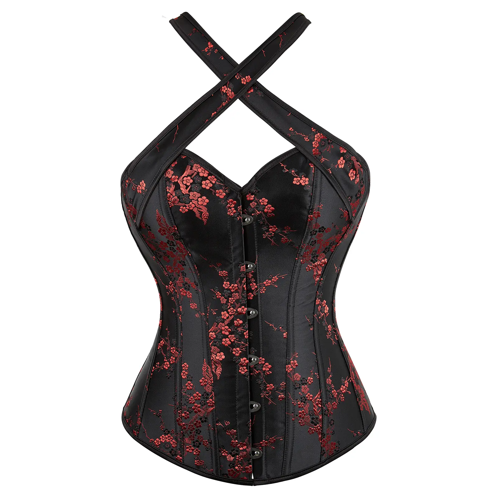 Corset Bustier for Women Top Lingerie Halter Neck Zipper Boned Brocade Classic Floral Lace up Plus Size Fashion Cosplay Costumes Fairy Renaissanc Halloween Elegant Red Black