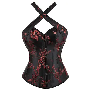 Corset Bustier for Women Top Lingerie Halter Neck Zipper Boned Brocade Classic Floral Lace up Plus Size Fashion Cosplay Costumes Fairy Renaissanc Halloween Elegant Red Black