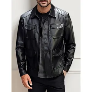Men'S Faux Leather Aviator Bomber Jacket Multi Pocket Lapel Coat