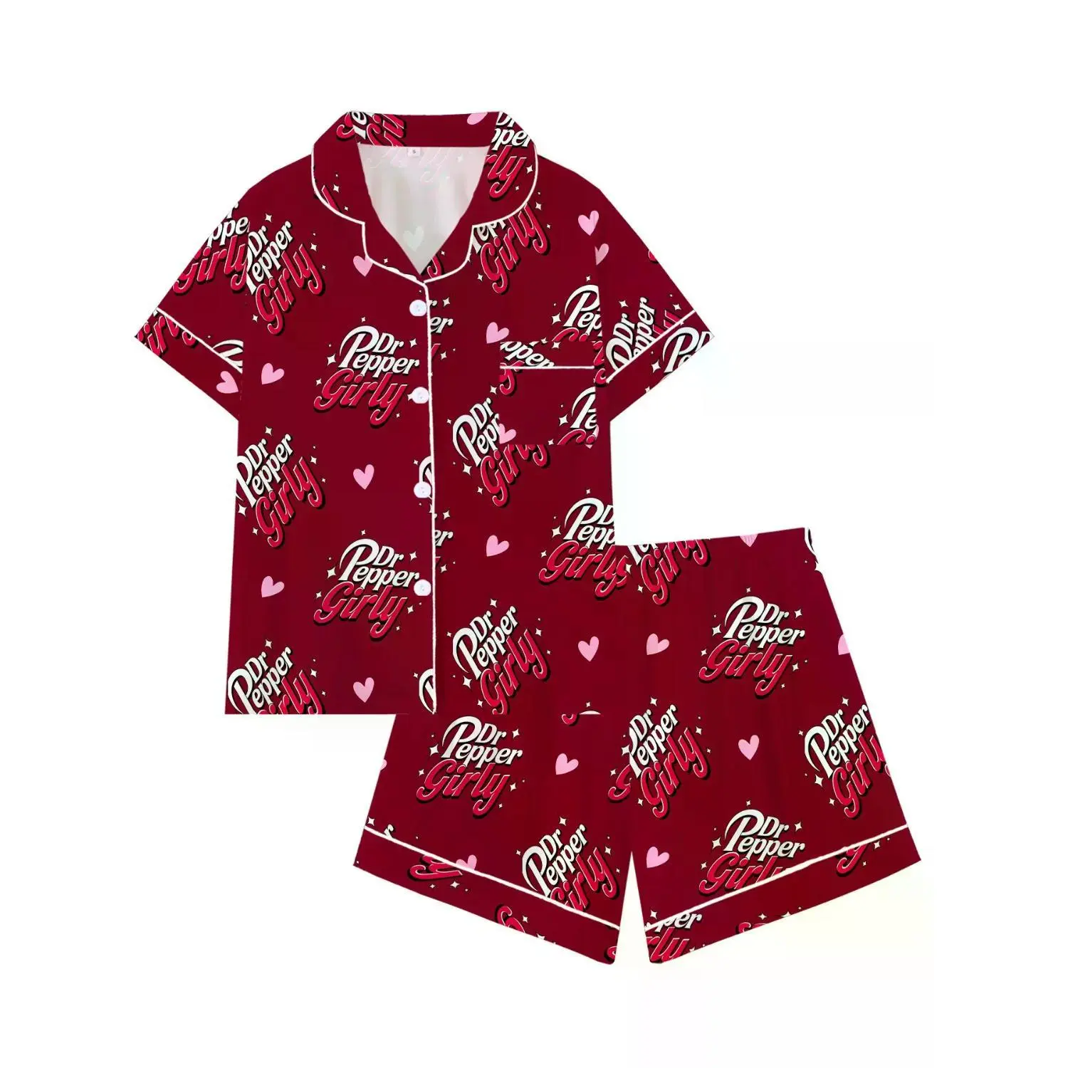Chic Soda Girly Aesthetic Pajama Set | Adorable Cherry Red Sleepwear with Heart Design | Y2K Style Novelty Short Sleeve Button-Down Lounge Ensemble | Trendy 2-Piece Summer PJs | Whimsical Sleepover Nightwear Gift for Women | Comfortable Loungewear Pyjamas
