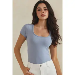 Seamless Scoop Neck Short Sleeve Top: Light Blue - ONE SIZE