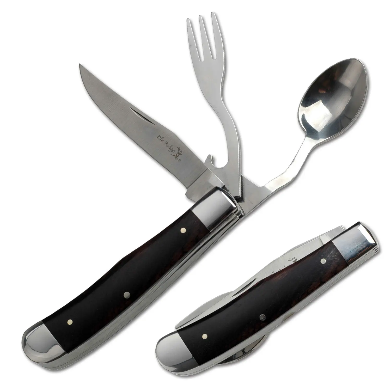 Elk Ridge 4-in-1 Retractable Multi-Tool Pocket Knife - Wood Handle, Fork, Spoon, Bottle Opener - Unisex Outdoor Gadgets, Mini Useful Items for Camping, Survival Sports & Outdoor Tools, Compact, Multi-Tools